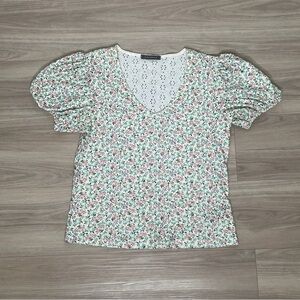 Suzy Shier Puff Sleeve Ruffled Blouse Green and Pink